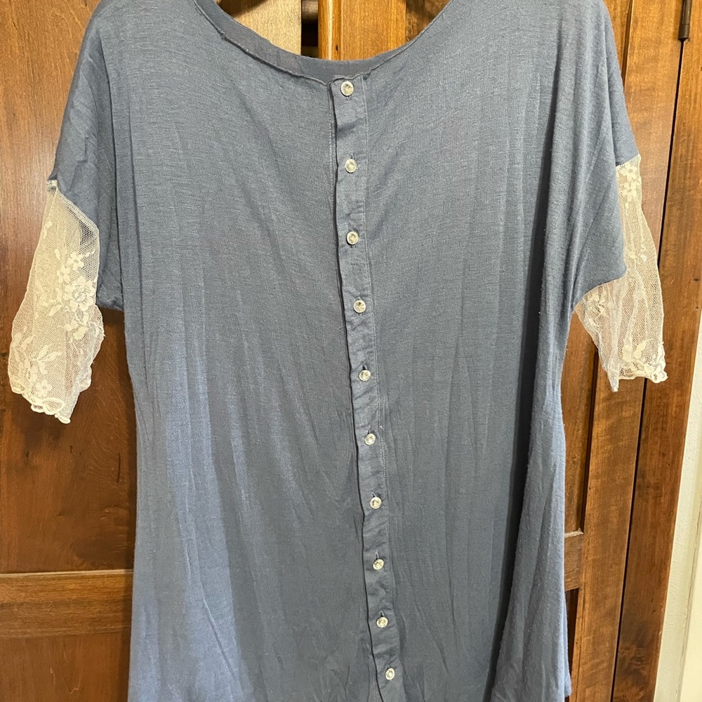 Chic Gray Lace Sleeve Button-Down Shirt
